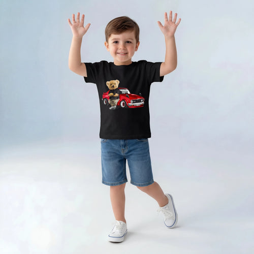 Kids Teddy Bear Racing Car T-Shirt - White
