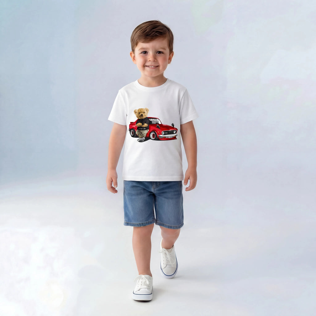 Kids Teddy Bear Racing Car T-Shirt - Royal Blue